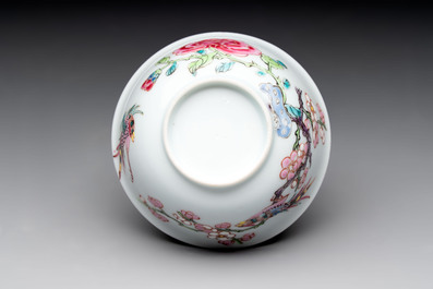 A set of six Chinese famille rose cups and saucers with birds among flowering branches, Yongzheng/Qianlong