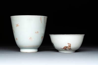 A Chinese iron-red-decorated 'boy and buffalo' cup and saucer and a famille rose 'Xi Xiang Ji' cup and saucer, Qianlong