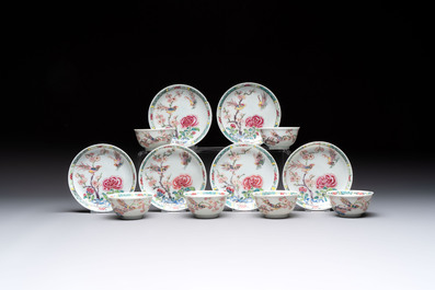 A set of six Chinese famille rose cups and saucers with birds among flowering branches, Yongzheng/Qianlong