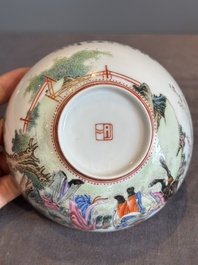 A fine Chinese famille rose eggshell 'Qiu Ran Ke Zhuan 虬髯客傳' bowl, signed Zeng Fuqing 曾福慶 and seal mark, 20th C.