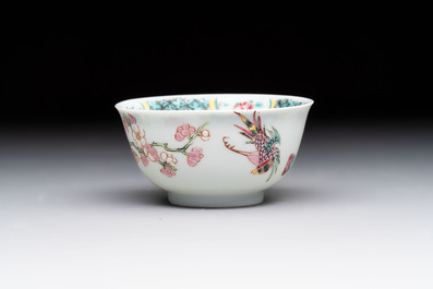 A set of six Chinese famille rose cups and saucers with birds among flowering branches, Yongzheng/Qianlong