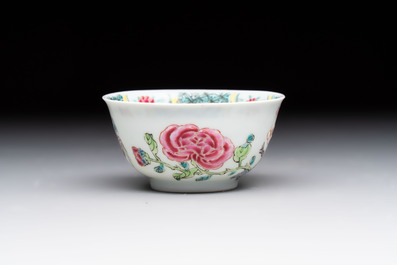 A set of six Chinese famille rose cups and saucers with birds among flowering branches, Yongzheng/Qianlong