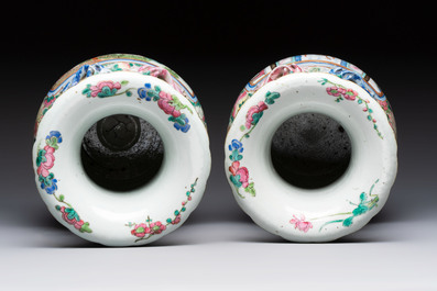 A pair of Chinese famille rose vases with narrative design on wooden stands, 19th C.