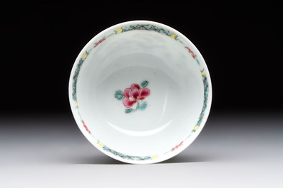 A set of six Chinese famille rose cups and saucers with birds among flowering branches, Yongzheng/Qianlong