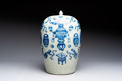 Four Chinese blue and white celadon-ground vases and a ginger jar, 19/20th C.