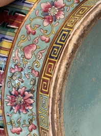 A pair of large Chinese famille rose turquoise-ground 'Buddhist symbols and lotus scroll' vases, Guangxu mark and of the period