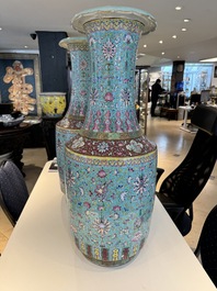 A pair of large Chinese famille rose turquoise-ground 'Buddhist symbols and lotus scroll' vases, Guangxu mark and of the period