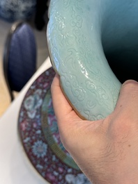 A pair of large Chinese famille rose turquoise-ground 'Buddhist symbols and lotus scroll' vases, Guangxu mark and of the period