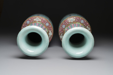 A pair of large Chinese famille rose turquoise-ground 'Buddhist symbols and lotus scroll' vases, Guangxu mark and of the period
