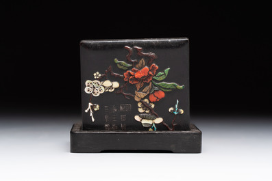 A Chinese hardstone, mother-of-pearl and silver embellished zitan box, Zhou Zhi 周製 mark, 18th C.