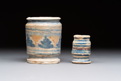 Two polychrome maiolica albarello-shaped ointment jars, Antwerp or Northern Netherlands, late 16th C.