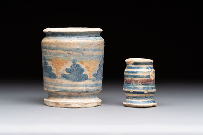 Two polychrome maiolica albarello-shaped ointment jars, Antwerp or Northern Netherlands, late 16th C.