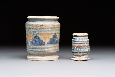 Two polychrome maiolica albarello-shaped ointment jars, Antwerp or Northern Netherlands, late 16th C.