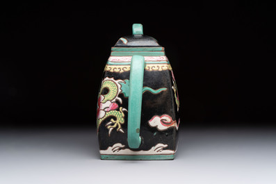 A Chinese enamelled Yixing stoneware 'dragon' teapot, 18/19th C.