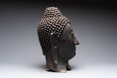 A large Thai bronze Buddha head, Sukhothai period, 15th C.