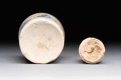 Two polychrome maiolica albarello-shaped ointment jars, Antwerp or Northern Netherlands, late 16th C.
