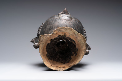 A large Thai bronze Buddha head, Sukhothai period, 15th C.