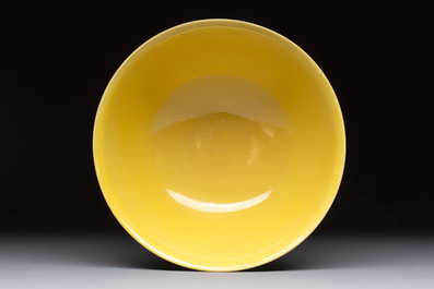 An imperial Chinese green-enamelled yellow-ground 'playing boys' bowl, Yongzheng mark and of the period