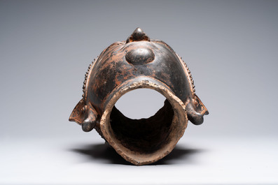 A large Thai bronze Shakyamuni Buddha head on wooden stand, Chieng Sen period, 16th C.
