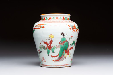 A small Chinese wucai jar with figures in a landscape, Transitional period