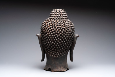 A large Thai bronze Buddha head, Sukhothai period, 15th C.