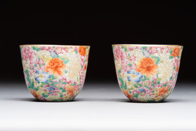A pair of Chinese famille rose 'millefleurs' cups with a presentation box, Jiaqing mark, Republic