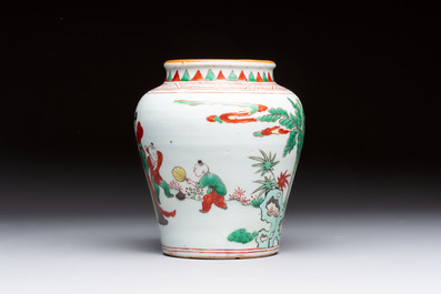 A small Chinese wucai jar with figures in a landscape, Transitional period