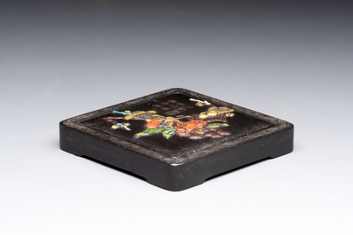 A Chinese hardstone, mother-of-pearl and silver embellished zitan box, Zhou Zhi 周製 mark, 18th C.
