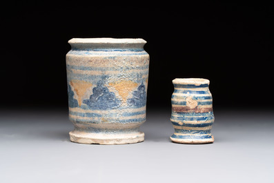 Two polychrome maiolica albarello-shaped ointment jars, Antwerp or Northern Netherlands, late 16th C.