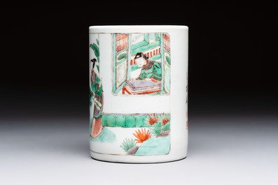 A Chinese famille verte 'Xi Xiang Ji' brush pot, Xue Gu Zhai 學古齋 mark, 19th C.