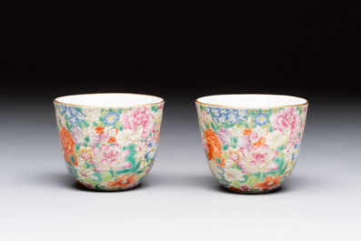 A pair of Chinese famille rose 'millefleurs' cups with a presentation box, Jiaqing mark, Republic
