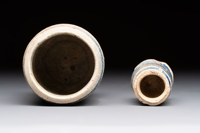 Two polychrome maiolica albarello-shaped ointment jars, Antwerp or Northern Netherlands, late 16th C.