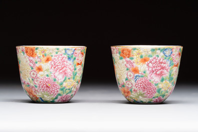 A pair of Chinese famille rose 'millefleurs' cups with a presentation box, Jiaqing mark, Republic