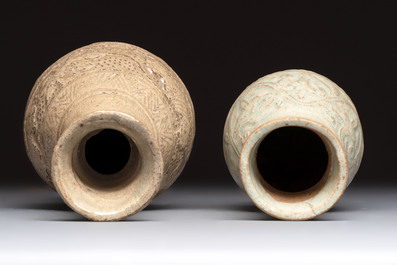 Two Chinese qingbai vases and an ewer with floral design, Song