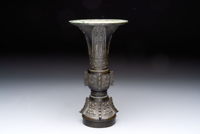 A fine Chinese archaistic bronze 'gu' vase, Ming