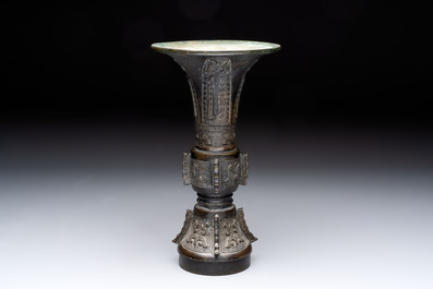 A fine Chinese archaistic bronze 'gu' vase, Ming