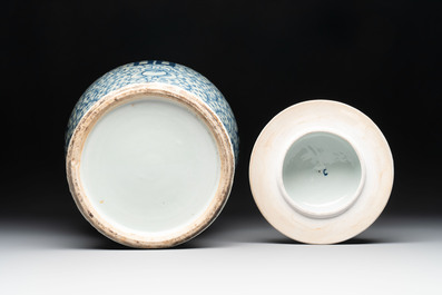 Two Chinese blue and white 'double happiness' covered vases and two 'meiping' vases, Kangxi mark, 19th C.