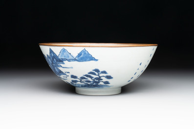 A Chinese 'Bleu de Hue' bowl with the Hai Van mountains for the Vietnamese market, Thanh Ngoan mark for Nguyen Phuc Chu, Kangxi