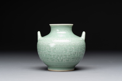 A Chinese archaistic celadon-glazed 'chilong' vase, Qianlong mark, 20th C.