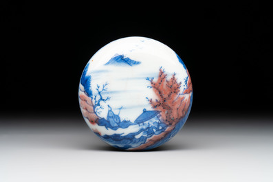 A fine Chinese blue, white and copper-red 'riverscape' seal paste box and cover, Kangxi mark, 19/20th C.