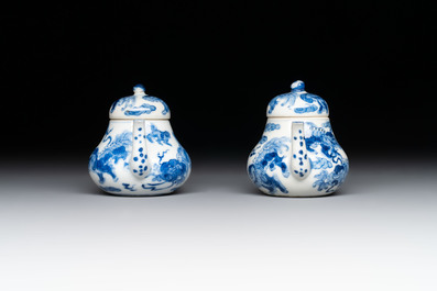 A pair of Chinese blue and white 'Buddhist lion' teapots and covers, Nan Ting Chang Ji 南亭昌記 mark, 19th C.