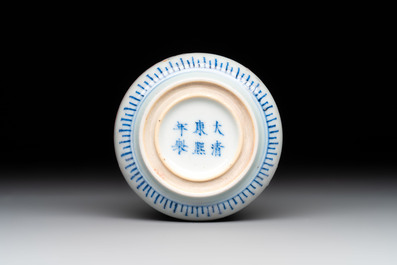 A fine Chinese blue, white and copper-red 'riverscape' seal paste box and cover, Kangxi mark, 19/20th C.