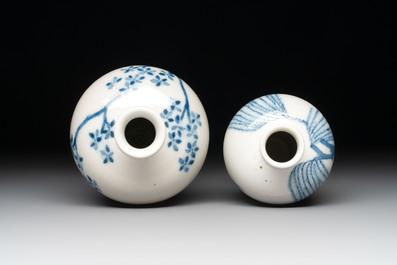 Two Chinese blue and white 'double happiness' covered vases and two 'meiping' vases, Kangxi mark, 19th C.
