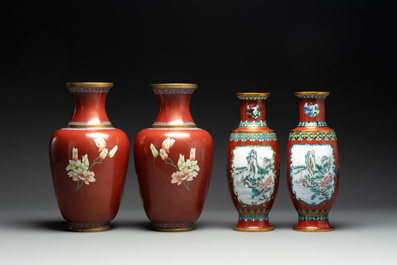 Four pairs of Chinese cloisonn&eacute; vases, 20th C.
