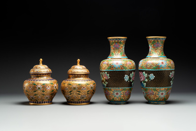 Four pairs of Chinese cloisonn&eacute; vases, 20th C.