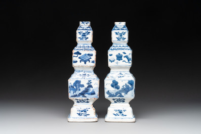 A pair of Chinese blue and white triple-gourd square vases, Kangxi