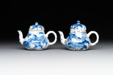 A pair of Chinese blue and white 'Buddhist lion' teapots and covers, Nan Ting Chang Ji 南亭昌記 mark, 19th C.