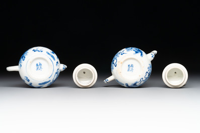 A pair of Chinese blue and white 'Buddhist lion' teapots and covers, Nan Ting Chang Ji 南亭昌記 mark, 19th C.