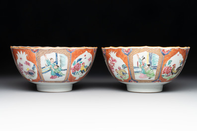 A pair of Chinese famille rose bowls with figures and roosters, Yongzheng/Qianlong
