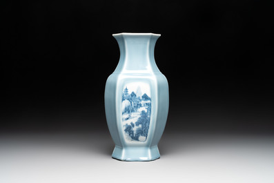 A Chinese blue and white claire-de-lune-ground 'landscape' vase, Yongzheng mark, 19th C.